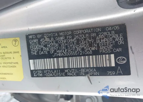 2005 Lexus Es 330 z USA, uszkodzony, nr VIN JTHBA30G555121068